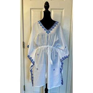 Marina Blu Embroidered White Women's Beach V-Neck Bohemian CoverUp Size Large